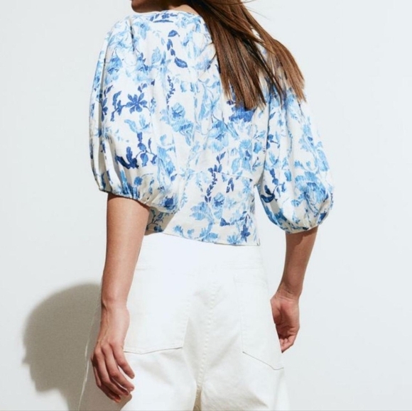 H&M linen blend puffy sleeves feminine cottage core Blue Women's Top XXL - Picture 3 of 9
